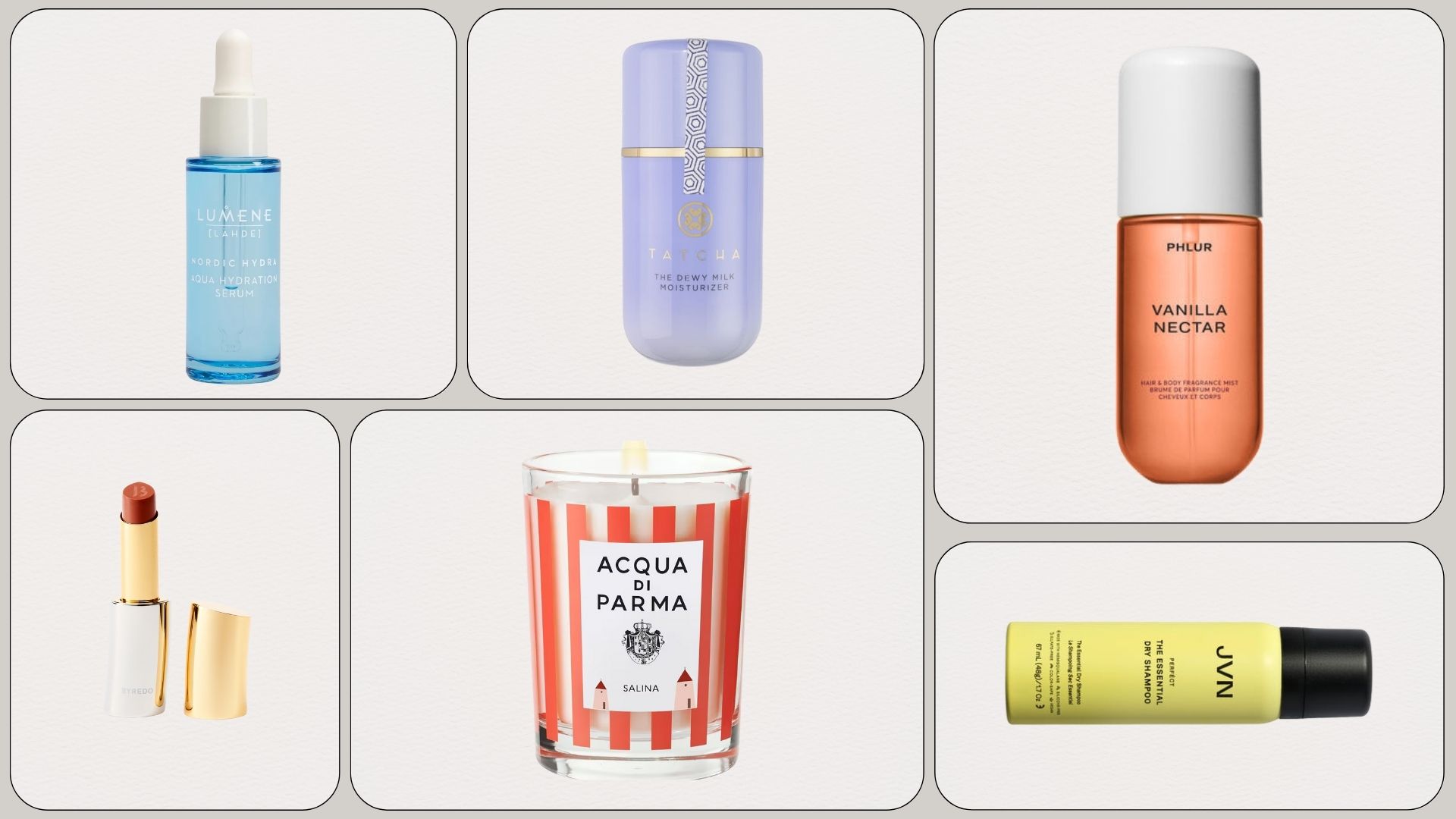 Graphic of the best new beauty products of the month with Lumene serum, Phlur Vanilla Nectar Body Mist, Tatcha Dewy Milky Moisturiser, Byredo lip balm, Acqua Di Parma Candle and JVN dry shampoo