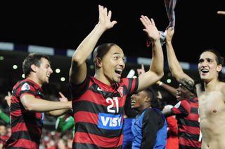 Shinji Ono celebrates a win for Western Sydney Wanderers against Sanfrecce Hiroshima in the AFC Champions League in May 2014.