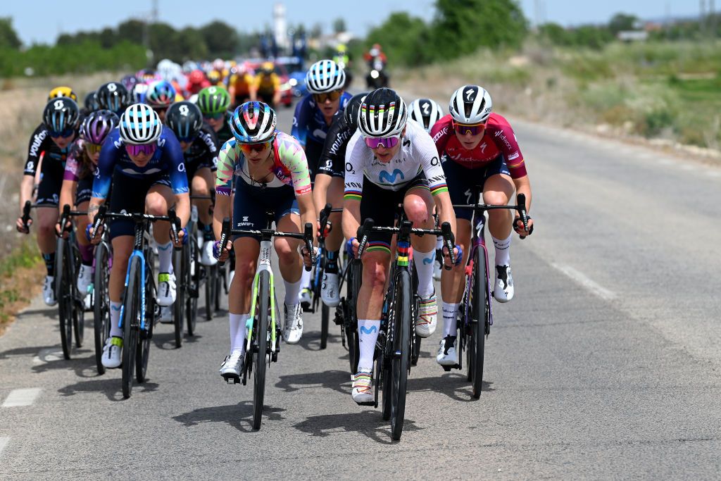 LA RODA SPAIN MAY 03 LR Katarzyna Niewiadoma of Poland and Team CanyonSRAM Racing Annemiek Van Vleuten of The Netherlands and Movistar Team and Demi Vollering of The Netherlands and Team SD Worx Pink UCI Womens WorldTour Leader Jersey compete during the 9th La Vuelta Femenina 2023 Stage 3 a 1578km stage from Elche de la Sierra to La Roda UCIWWT on May 03 2023 in La Roda Spain Photo by Dario BelingheriGetty Images