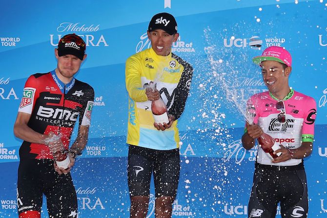 The final podium at the 2018 Tour of California: winner Egan Bernal (Sky), flanked by second placed Tejay van Garderen (BMC) and third placed Dani Martinez (EF-Drapac)