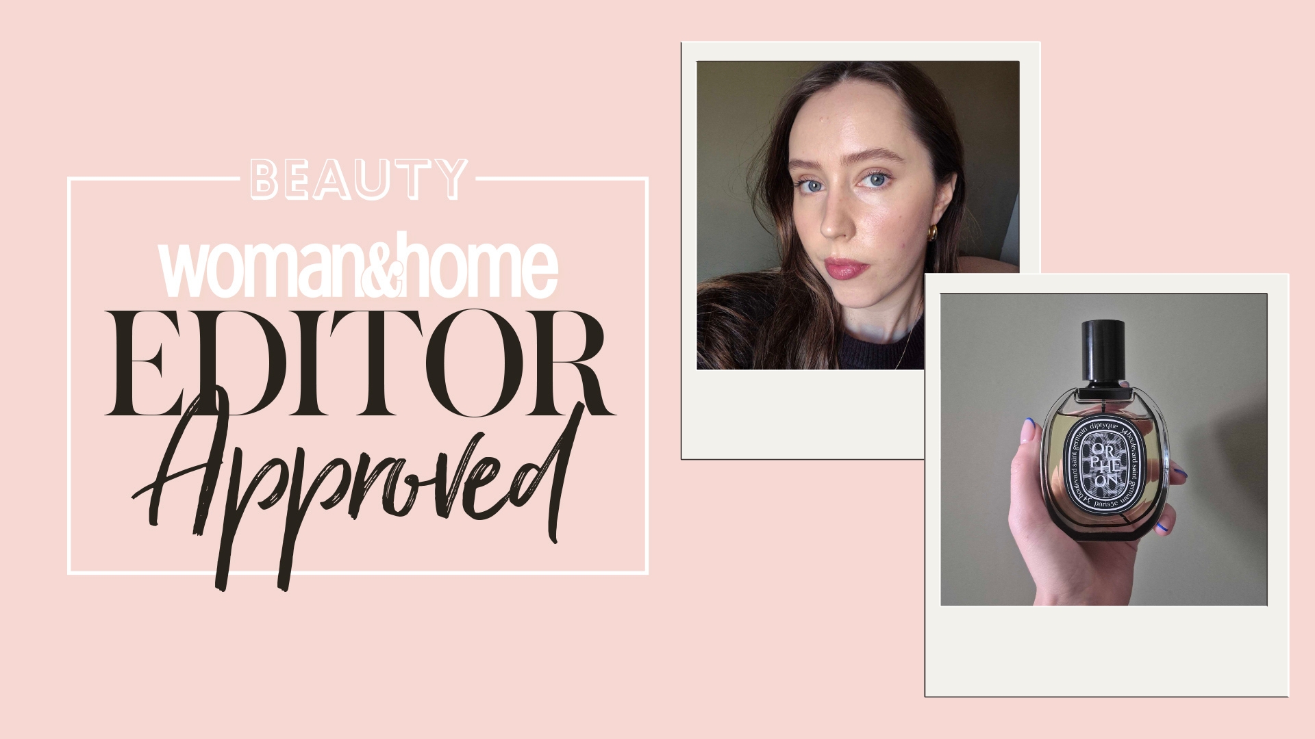 A picture of Digital Beauty Writer, Naomi Jamieson, and a picture of her hand holding a bottle of Diptyque's Orpheon perfume, in a pink woman&home Black Friday Live hub template