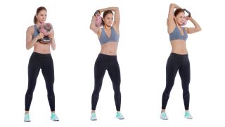 Woman demonstrates three positions of the kettlebell halo exercise