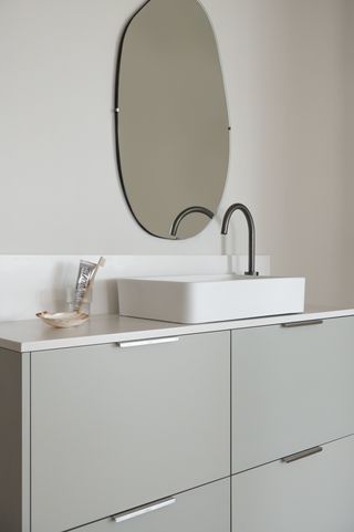 Simple bathroom with Ikea cabinet and Fronteriors grey doors