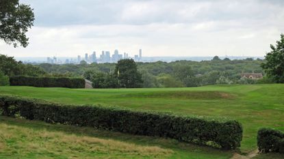 Looking back from behind the first green with the skyline of London beyond