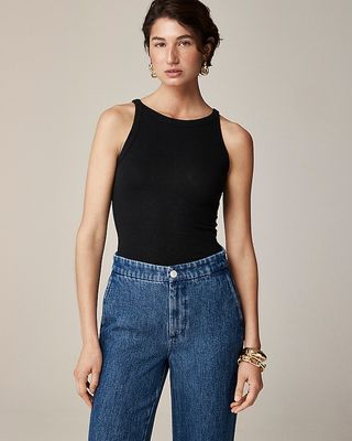 High-Neck Tank Top in Stretch Linen Blend