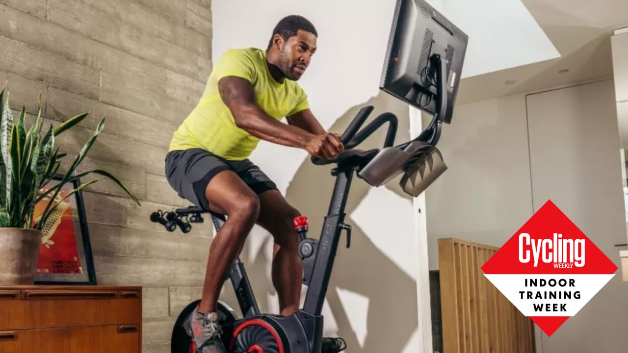 Image shows a person riding an Echelon exercise bike.