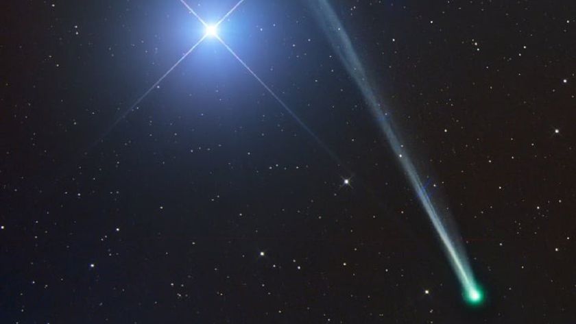 A bright comet is pictured to the lower right of a star-studded black sky. A tail extends diagonally upwards and away from the nucleus, past a bright blue star that dominates the left of the image, featuring prominent refraction spikes.