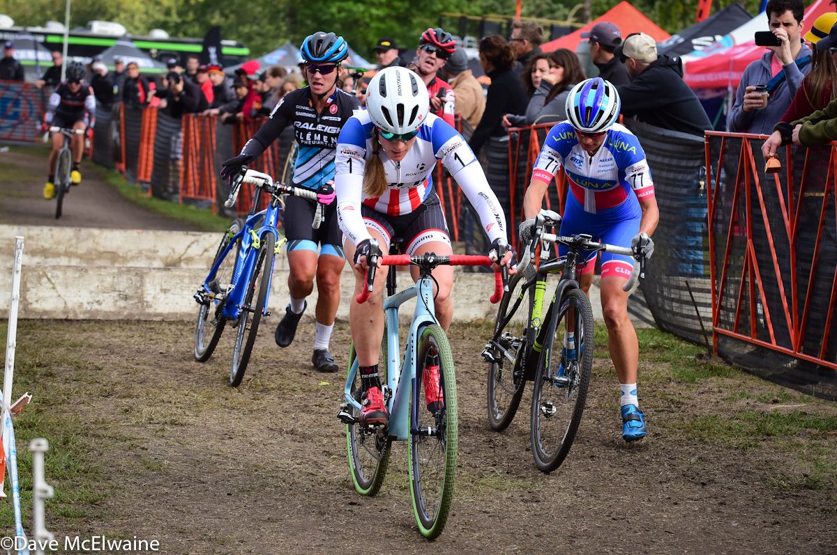 USA Champion Katie Compton (Trek Factory Racing) leading Katerina Nash and Caroline Mani at the barriers