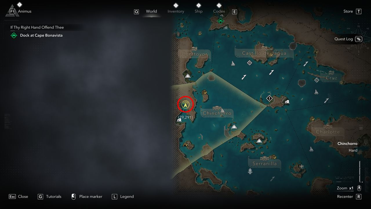 Black Flag Resynced outfits: A screenshot of the map with a red circle highlighting where you can find the chest containing the Explorer Outfit.