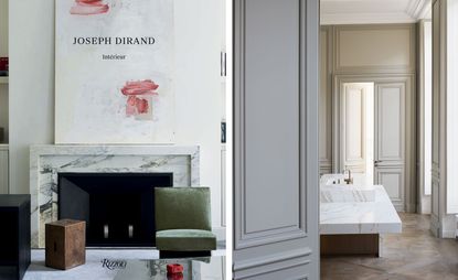 Left, cover of Joseph Dirand: Interior. Right, view of the kitchen from the living room at Varenne, Paris.