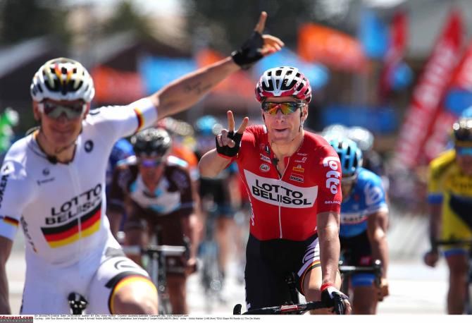 Andre Greipel and Jurgen Roelandts (Lotto Belisol) celebrate the win.