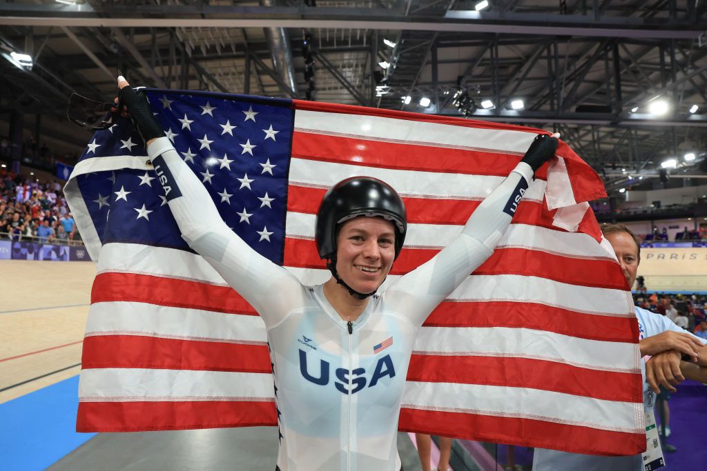 valente celebrates winning the women&#039;s track cycling omnium event after the points race of the Paris 2024 Olympic Games at the Saint-Quentin-en-Yvelines National Velodrome in Montigny-le-Bretonneux, south-west of Paris, on August 11, 2024. (Photo by Emmanuel DUNAND / AFP)