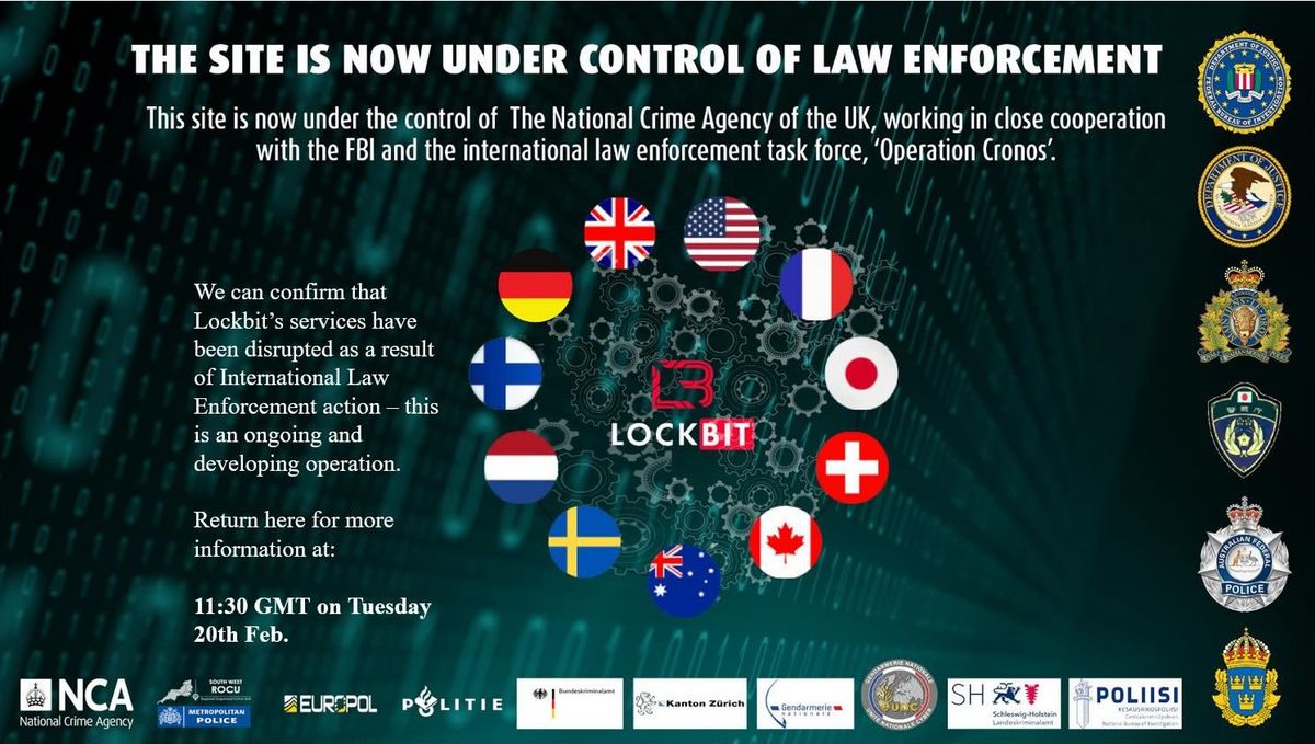 LockBit website law enforcement takedown notice featuring FBI, NCA, and Europol logos.