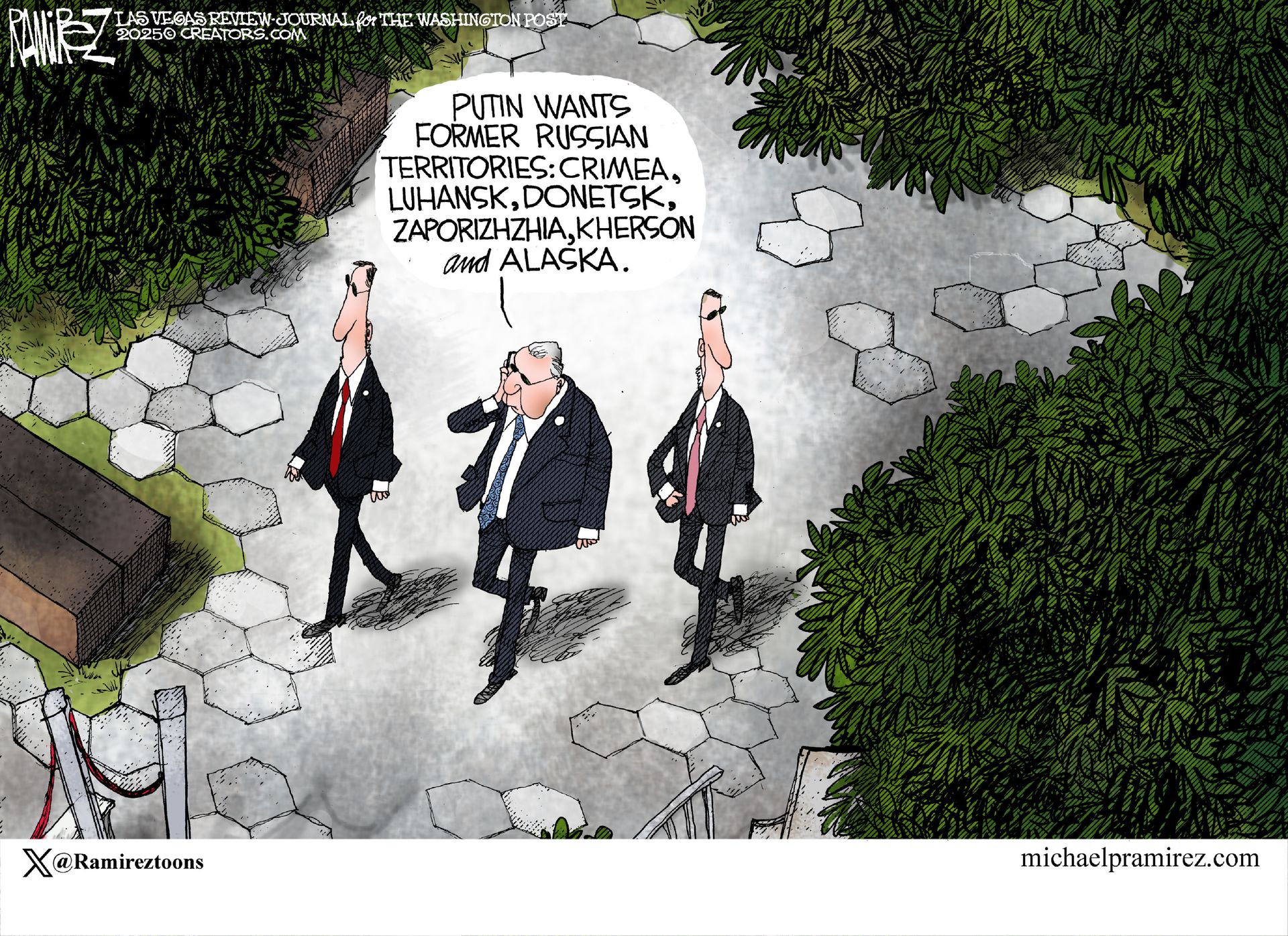 
                                This cartoon depicts a diplomat in a suit walking outside with two Secret Service agents. The diplomat speaks into a phone and says, “Putin wants former Russian territories: Crimea, Luhanks, Donetsk, Zaporizhzhia, Kherson AND Alaska.”
                            