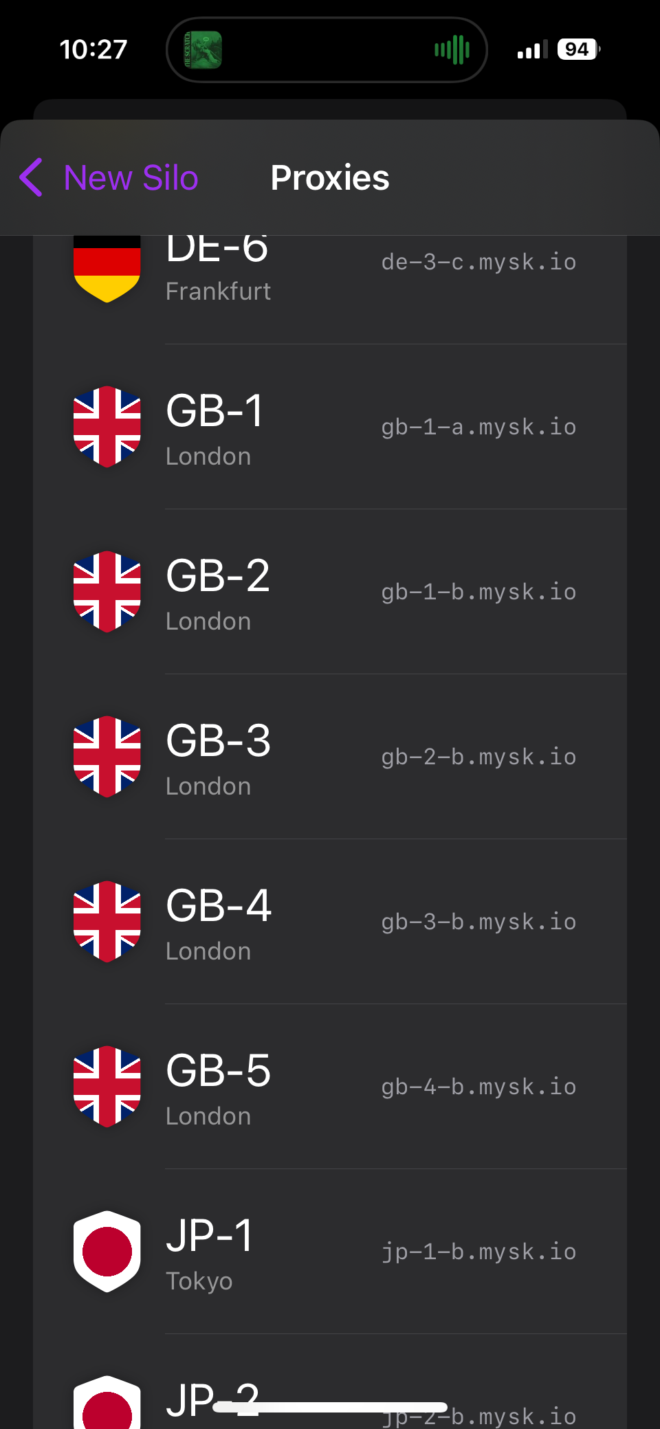 An image showing a list of Psylo's servers in the UK, Germany and Japan
