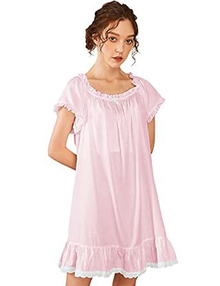 Nanxson Womens' Cotton Nightgown Short Sleeve Sleepwear Vintage Victorian Nightshirt Lounge Dress (Medium, Pink)