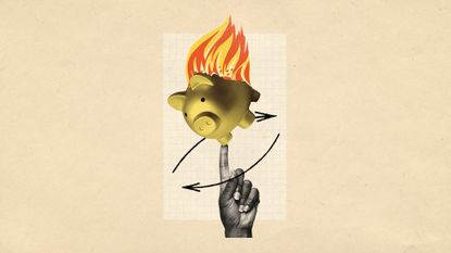 Photo collage of a hand balancing a piggy bank on a finger, with flames and arrows around