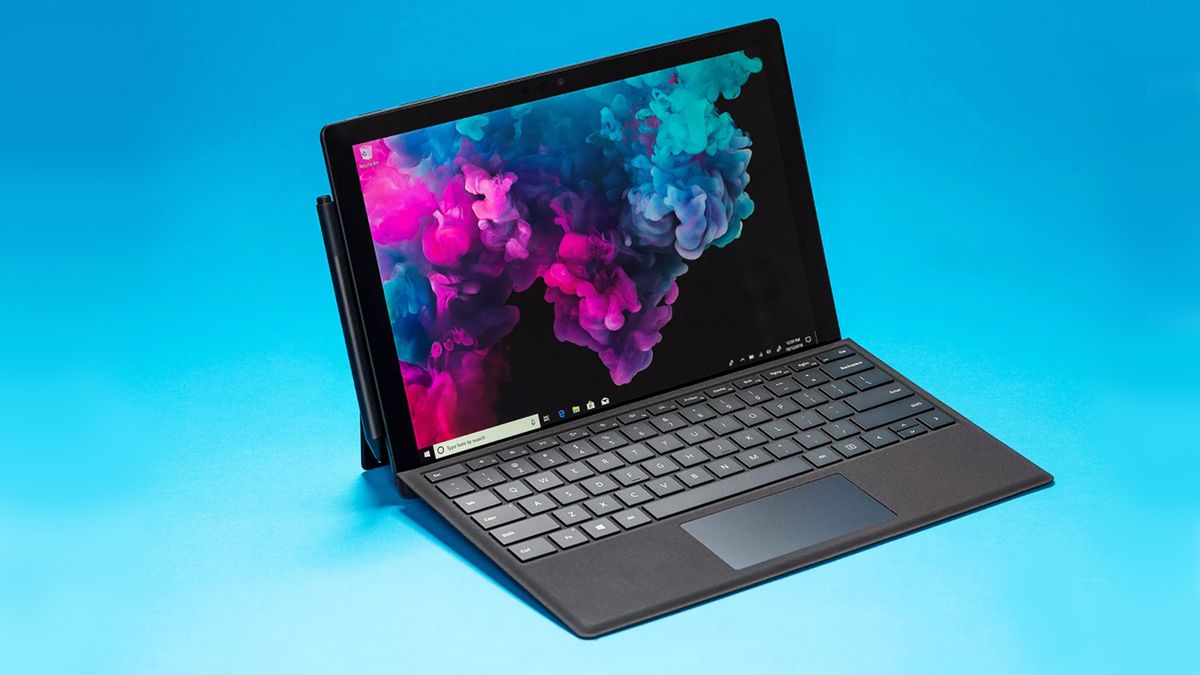 A Surface Pro 6 on a blue background.