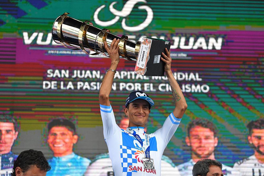Winner Anacona holds up his trophy after winning the Vuelta a San Juan