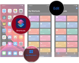 Duplicate or delete shortcuts, showing how to open Shortcuts, tap My Shortcuts, then tap Edit