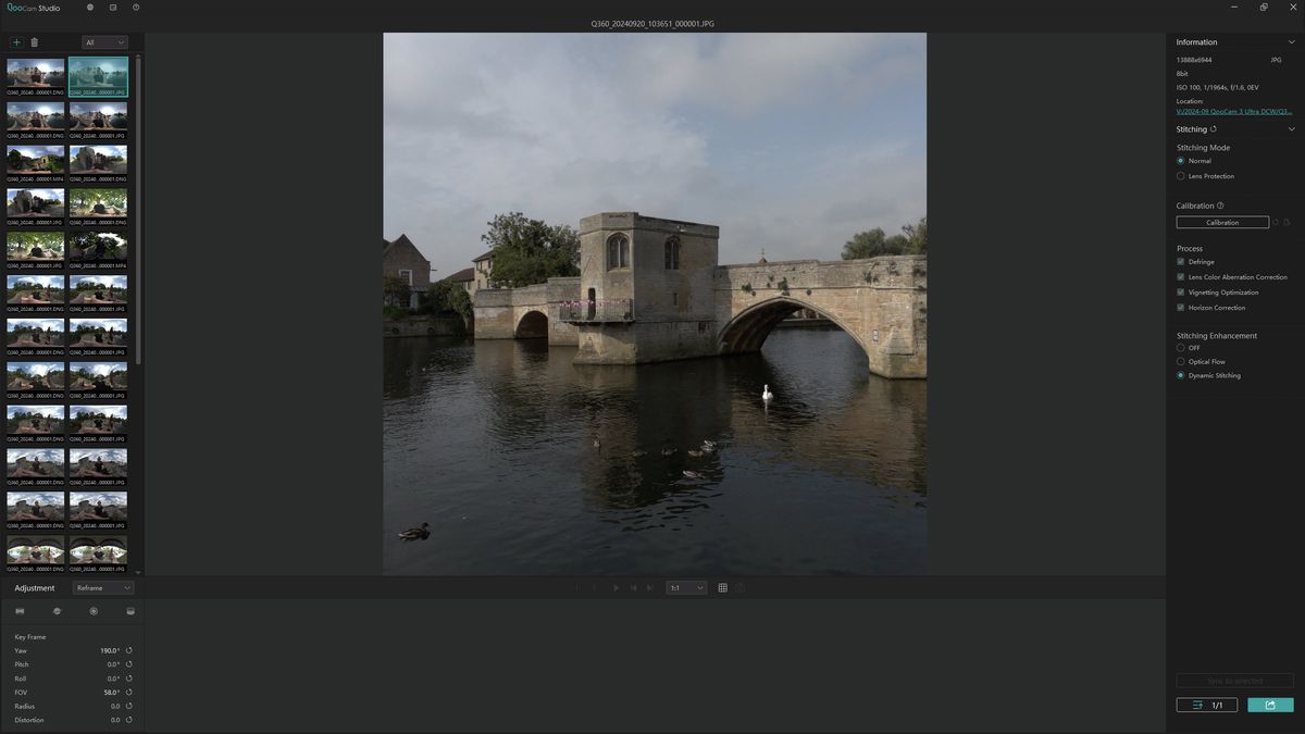 Screenshot of the Kandao QooCam 3 Ultra action camera editing software showing a stone bridge crossing a river