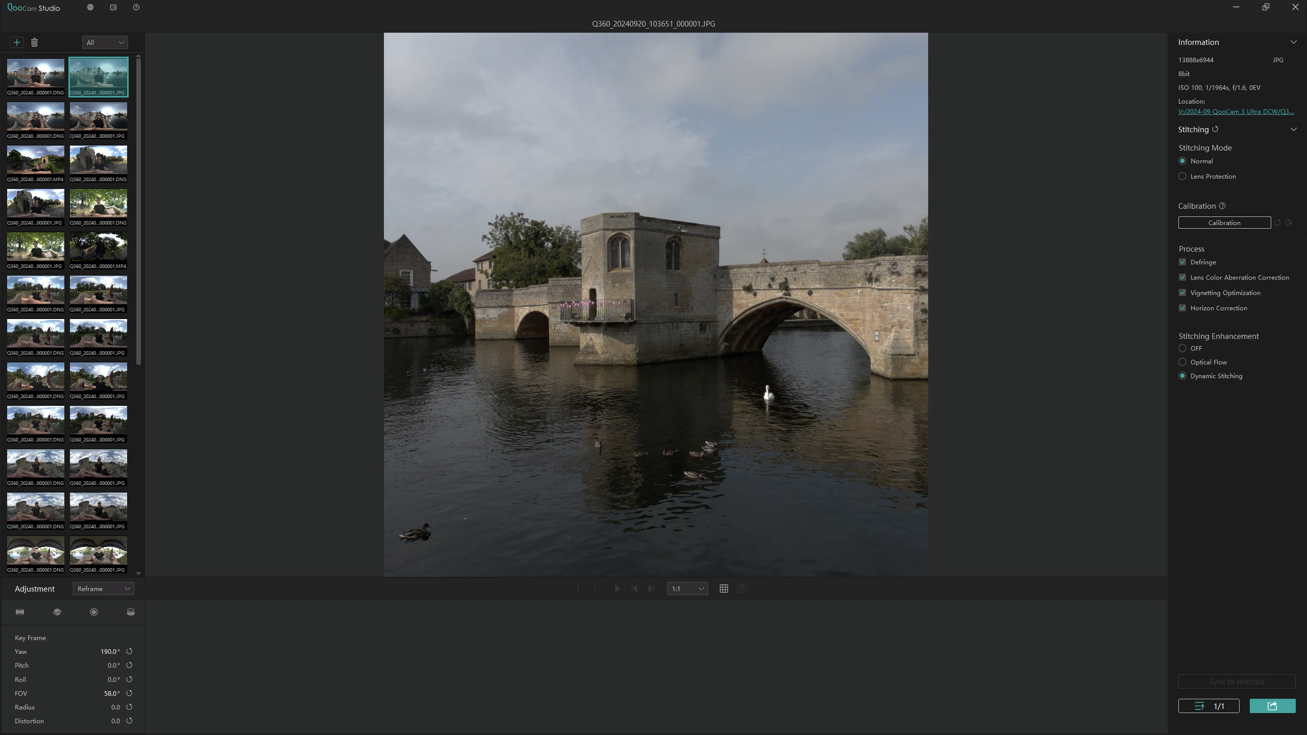 Screenshot of the Kandao QooCam 3 Ultra action camera editing software showing a stone bridge crossing a river