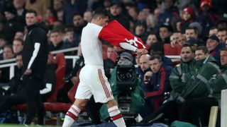 Arsenal’s Granit Xhaka removes his shirt after being substituted in the 2-2 draw with Crystal Palace