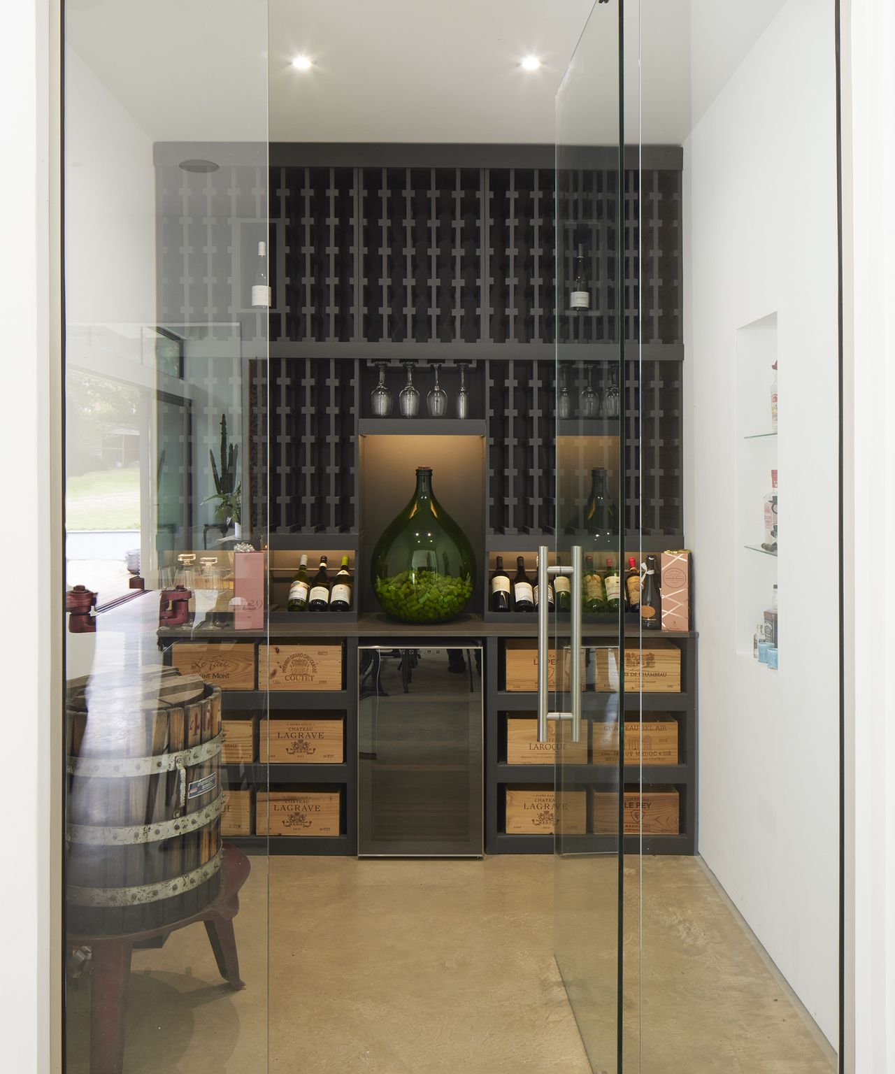 temperature controlled wine storage room with fridge