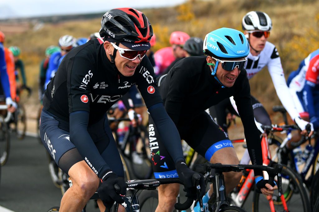 EJEADELOSCABALLEROS SPAIN OCTOBER 23 Christopher Froome of The United Kingdom and Team INEOS Grenadiers Daniel Martin of Ireland and Team Israel StartUp Nation Green Points Jersey during the 75th Tour of Spain 2020 Stage 4 a 1917km stage from Garray Numancia to Ejea de los Caballeros lavuelta LaVuelta20 La Vuelta on October 23 2020 in Ejea de los Caballeros Spain Photo by David RamosGetty Images