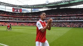 Arsenal defender William Saliba applauds the fans after the Premier League match between Arsenal and Tottenham Hotspur on 1 October, 2022 at the Emirates Stadium in London, United Kingdom