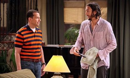 Ashton Kutcher made his debut as sad-sack billionaire Walden Schmidt on "Two and a Half Men" Monday, getting most of his laughs from his repeatedly semi-nude state. 