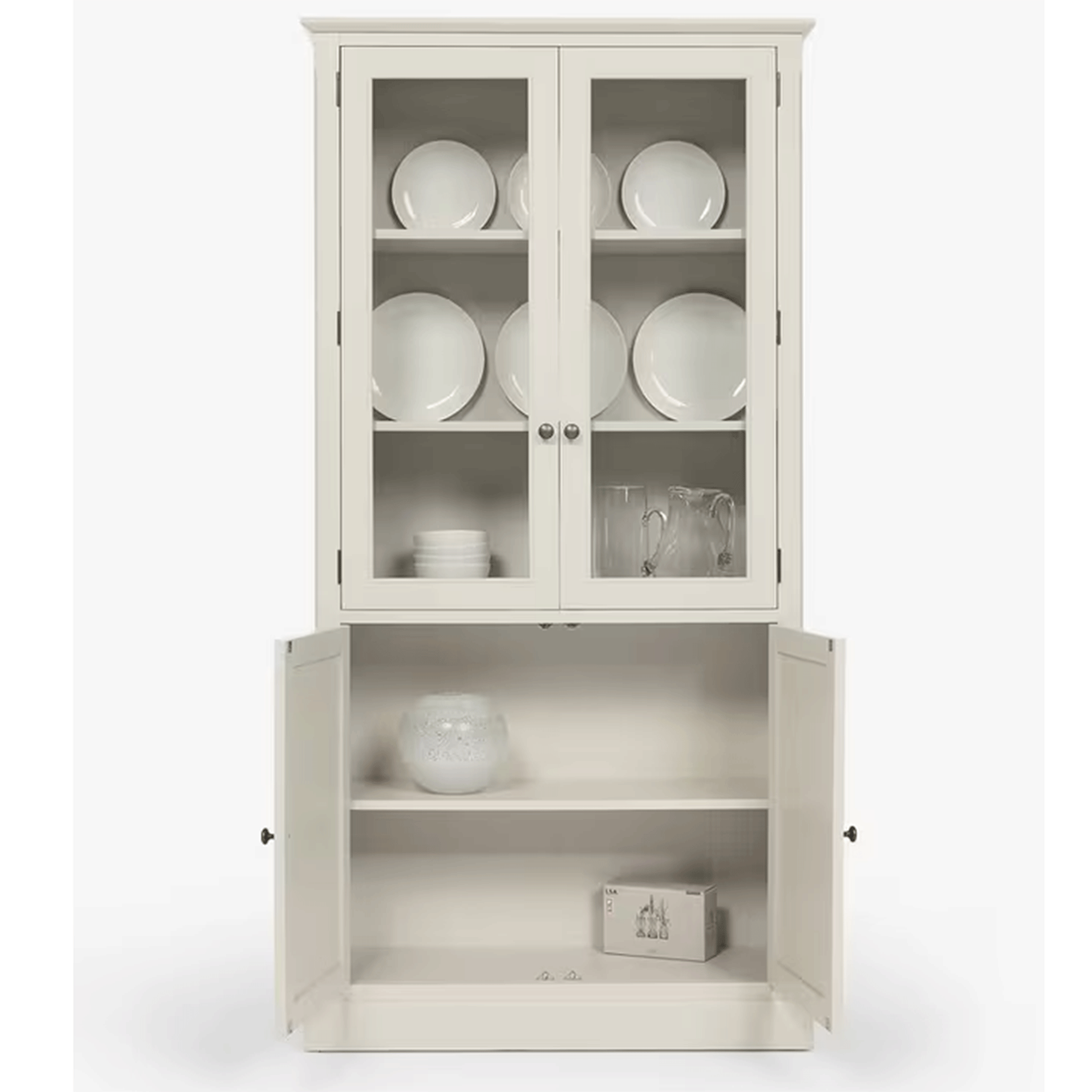 Cut out of white display cabinet with plates on display
