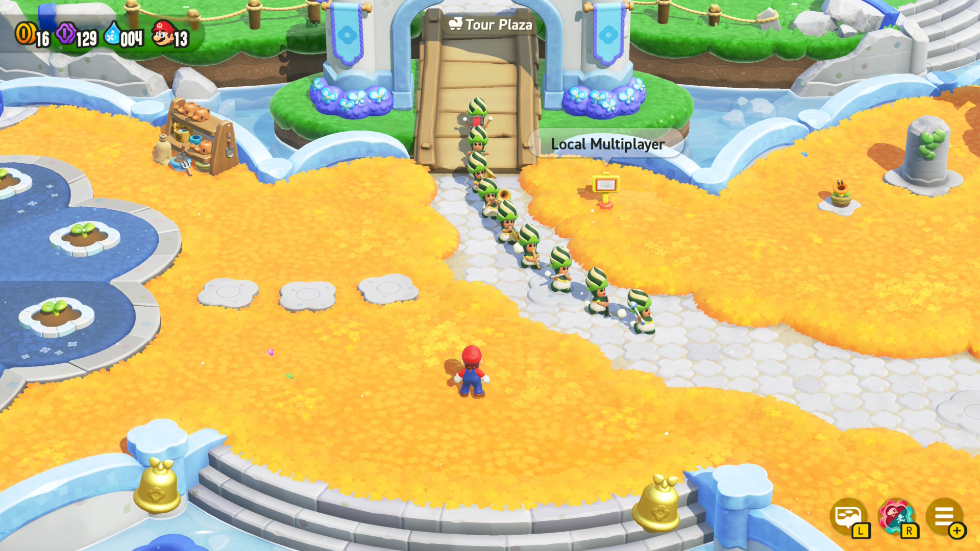 A screenshot from Super Mario Bros. Wonder Nintendo Switch 2 Edition showing the Poplin band marching through the multiplayer area