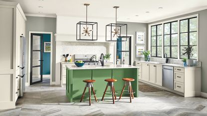 Pussywillow paint color in a kitchen with a green island