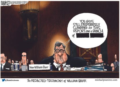 Political Cartoon U.S. William Barr redaction testimony congress no collusion Mueller Report