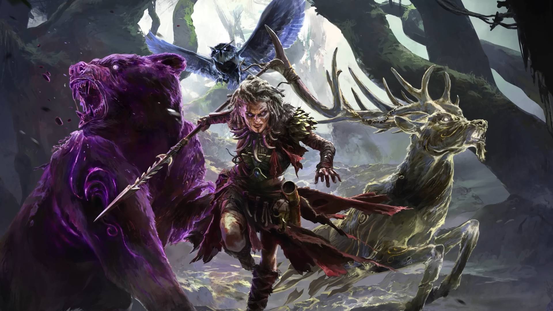 Path of Exile 2: Return of the Ancients trailer screenshot shows a woman holding a spear surrounded by animals.