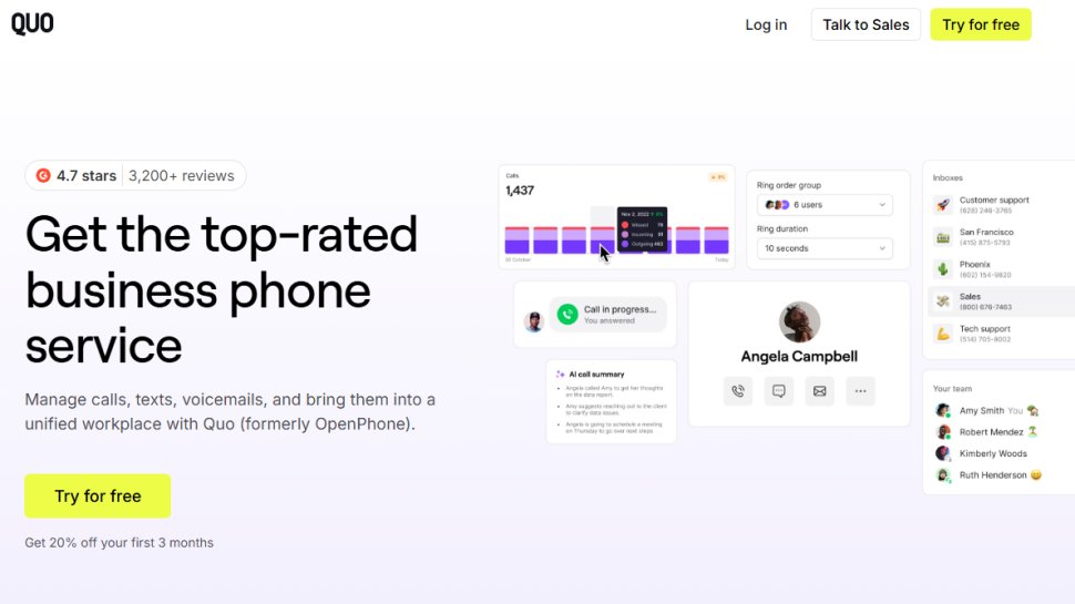 Website screenshot of Quo (March, 2026)