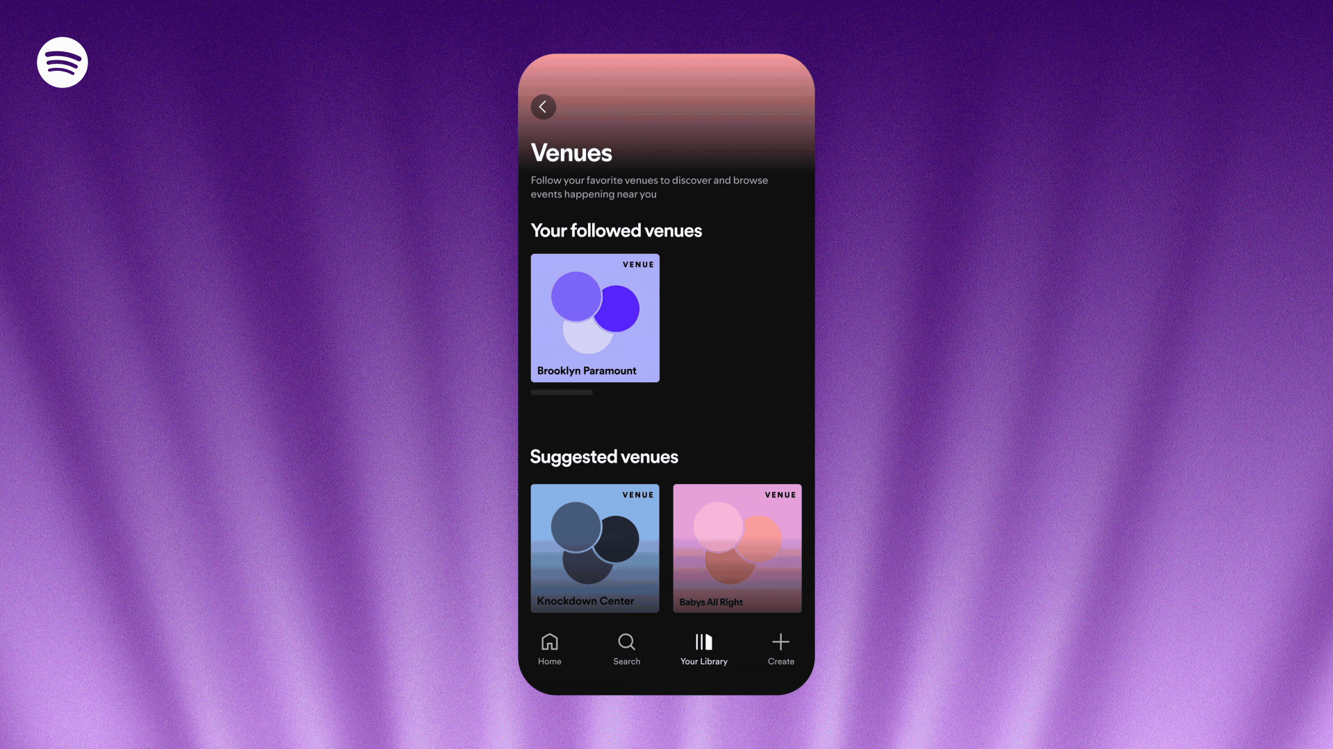 A gif showing the new Venues tab in Spotify's Live Events feed