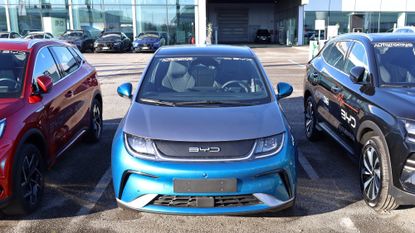 BYD Dolphin in front of the official dealership of the Chinese EV vehicles automaker in Udine, Italy, February of 2025. 