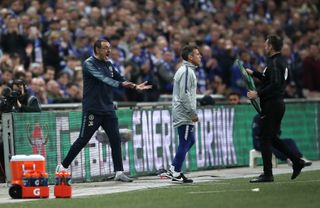 Maurizio Sarri, left, was unhappy after goalkeeper Kepa Arrizabalaga refused to be substituted