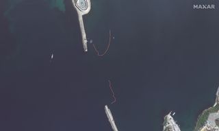 A closeup of dolphin pens at the entrance to Sevastopol's harbor, as photographed by Maxar Technologies' WorldView-2 satellite on April 29, 2022.