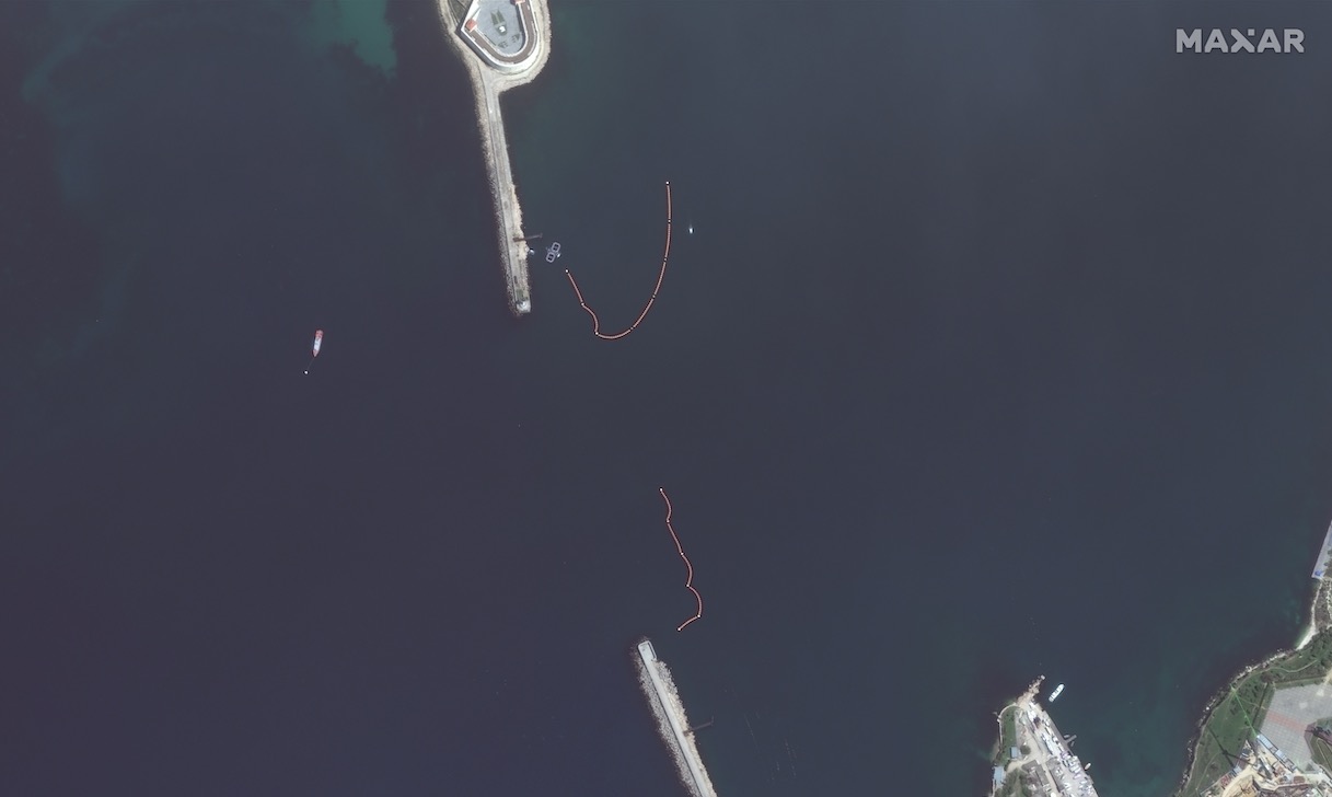 A closeup of dolphin pens at the entrance to Sevastopol's harbor, as photographed by Maxar Technologies' WorldView-2 satellite on April 29, 2022.