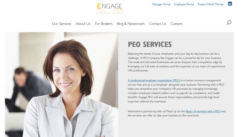 Engage PEO website screenshot (June 2025).