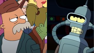 Scruffy looking off to the side in concern and Bender kicking back with confidence in Futurama, pictured side by side.