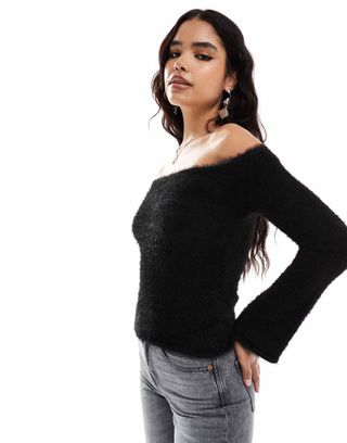 Pretty Lavish Knitted Bardot Top in Black