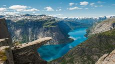 The Trolltunga rock formation affords gorgeous views of Ringedalsvatnet Lake in Norway