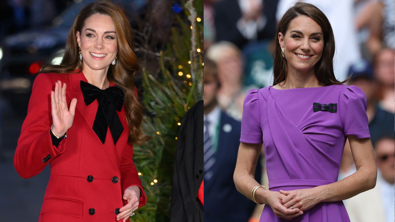 Kate Middleton wearing a red coat and a black bow waving and smiling in front of a Christmas tree next to a waist up photo of Kate wearing a purple short sleeve dress clasping her hands and smiling 