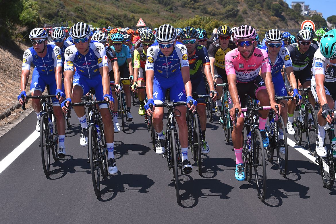 Quick-Step Floors with pink jersey wearer Fernando Gaviria on stage 4 of the Giro d'Italia