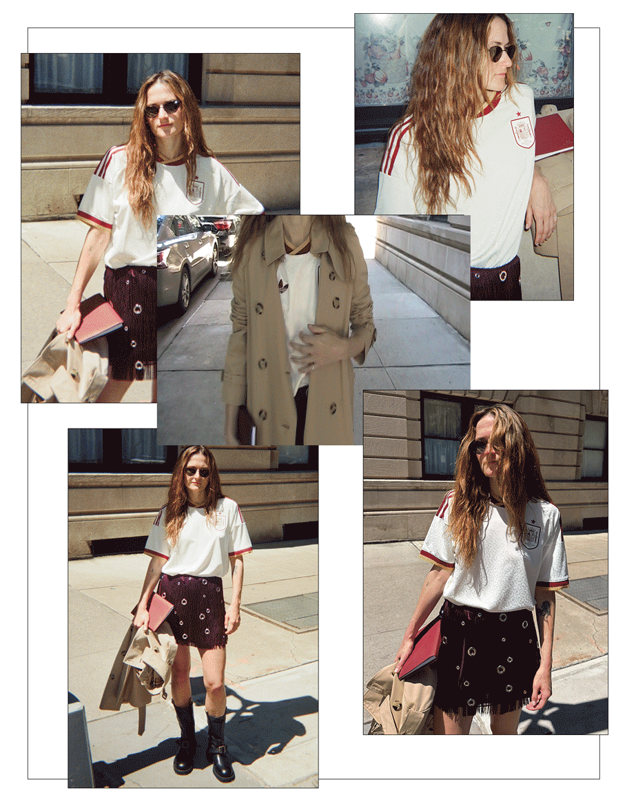 A collage of photos and videos of Eliza Huber styling the 2026 World Cup Adidas jersey for Spain. She's wearing a jersey with a fringe miniskirt, trench coat, and Burberry boots.