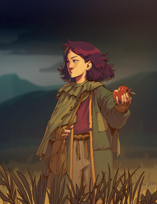 The Apple Picker, a young urchin child holding an apple in Legend in the Mist.